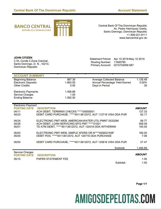 Exemplo de extrato bancário do Banco Central da República Dominicana da República Dominicana
